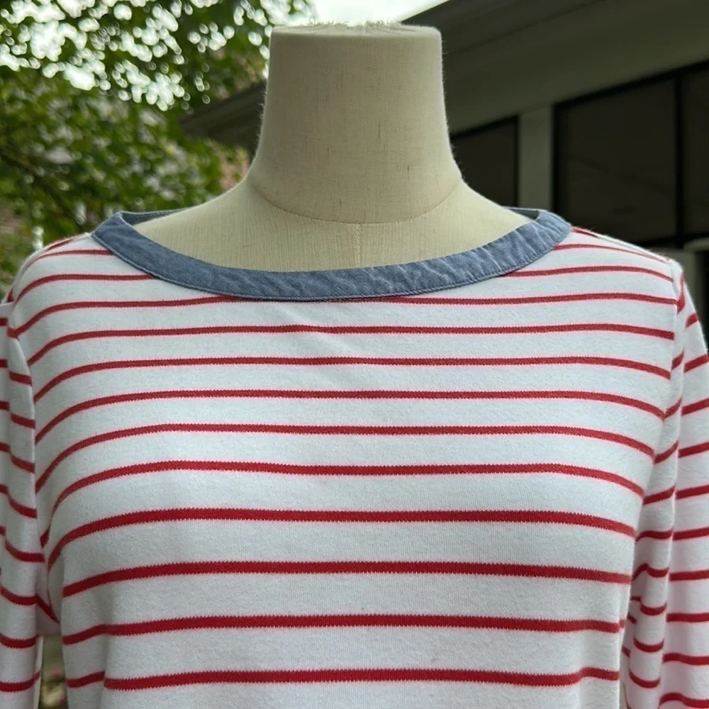 NAUTICAL RED White Striped SAILOR Top Chambray Trim Crew Neck Medium - Picture 7 of 8